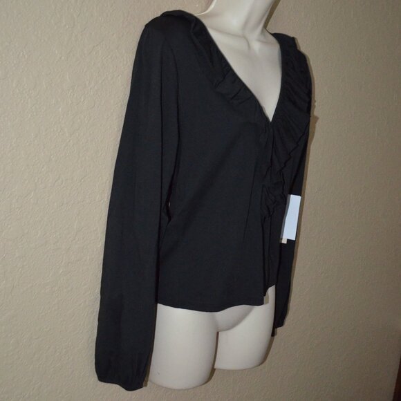 NWT $138 Sz XS Nation Los Angeles Black Giorgio V-Neck Flounce Blouse Top - Picture 6 of 9
